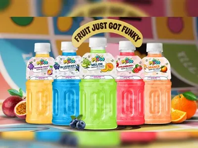 Mr. Moco juice bottles in Passion Fruit, Blueberry, Melon, Strawberry, and Orange flavours.