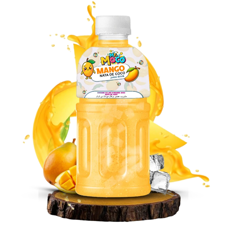 Mango-flavored juice drink with nata de coco in a vibrant bottle, surrounded by fresh mangoes and splashes of juice.