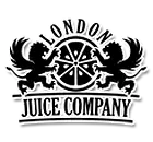 Black London Juice Company logo featuring two lions holding a citrus wheel emblem.